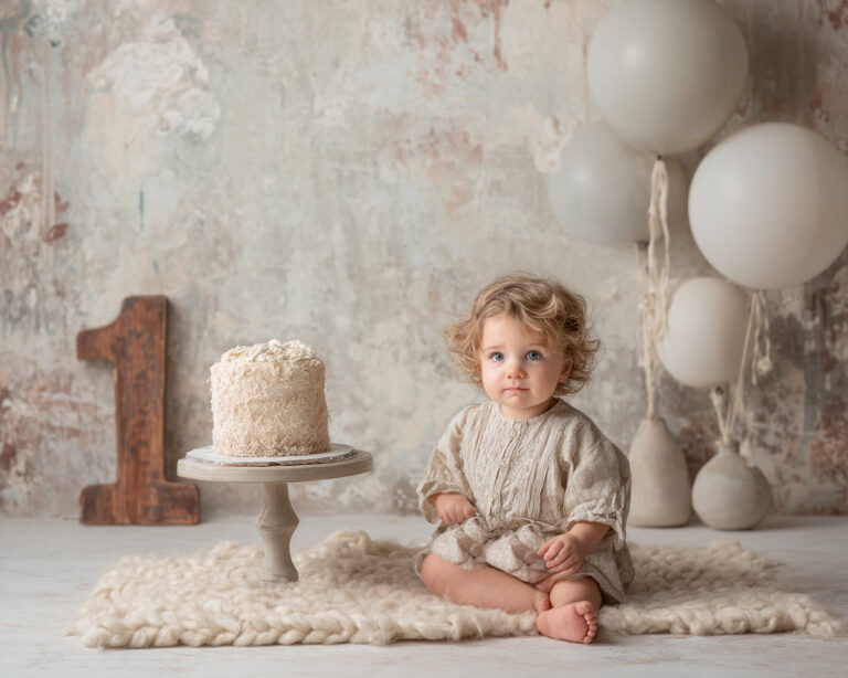 First birthday cake smash session in Windsor Ontario – baby boy neutral studio setup