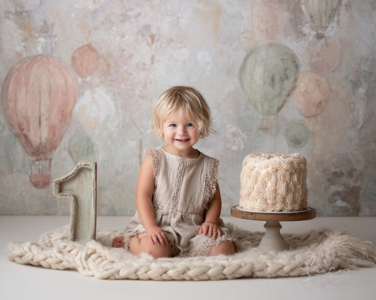 First birthday cake smash session in Windsor Ontario – baby boy neutral studio setup