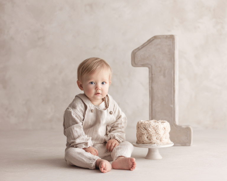 First birthday cake smash session in Windsor Ontario – baby boy neutral studio setup