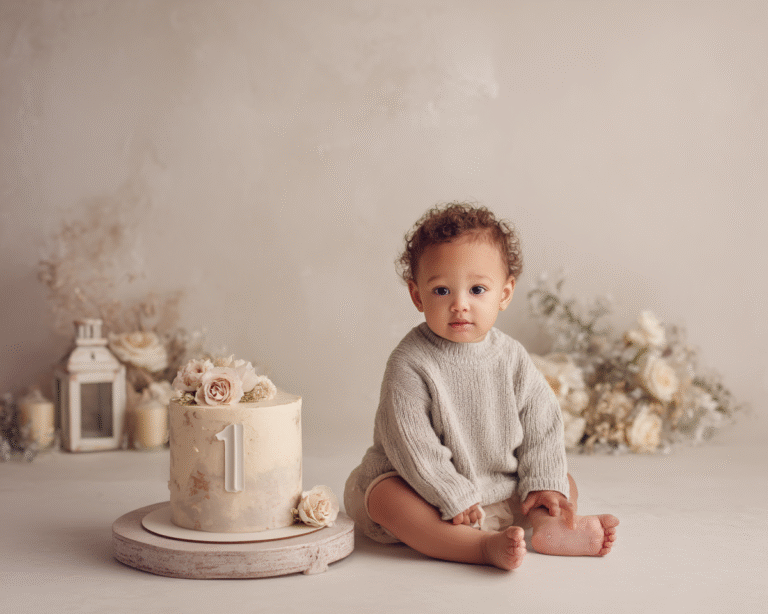 First birthday cake smash session in Windsor Ontario – baby boy neutral studio setup