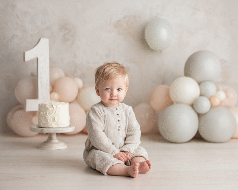 First birthday cake smash session in Windsor Ontario – baby boy neutral studio setup