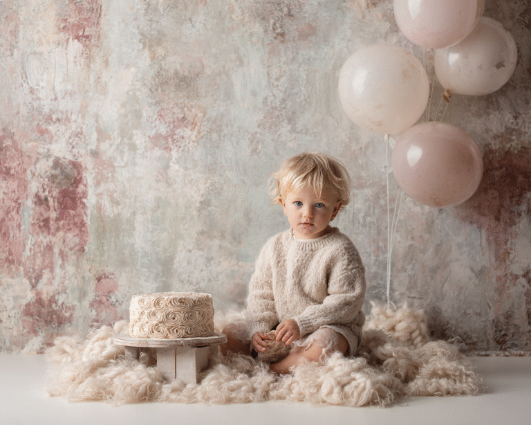 First birthday cake smash session in Windsor Ontario – baby boy neutral studio setup